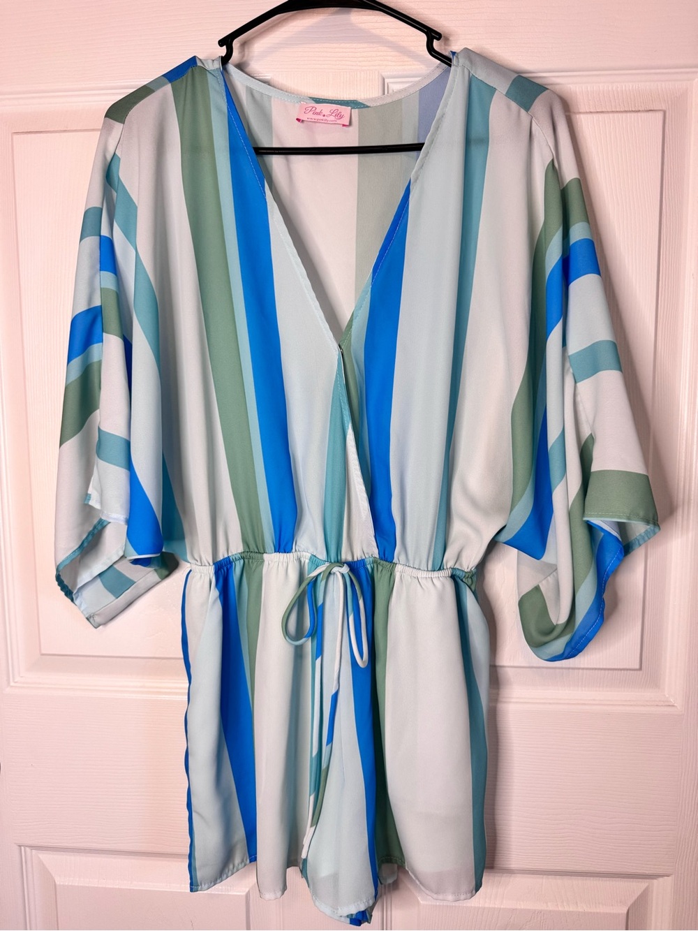 Pink Lily Blue, Teal & Sage Striped V-Neck Romper